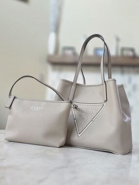 Guess Portini Trapezoid Tote Bag Stone Beige Faux Leather Silver Removable Pouch